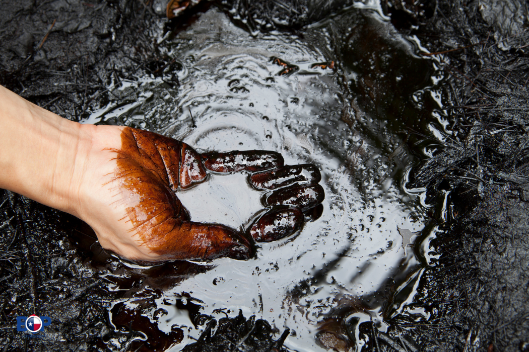 Image of hand holding crude oil in ground.