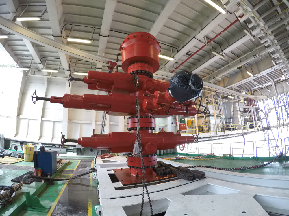 BlowoutPreventerbopIsSecuredOnSteelStructureOfThe annular blowout preventer on a drilling rig.