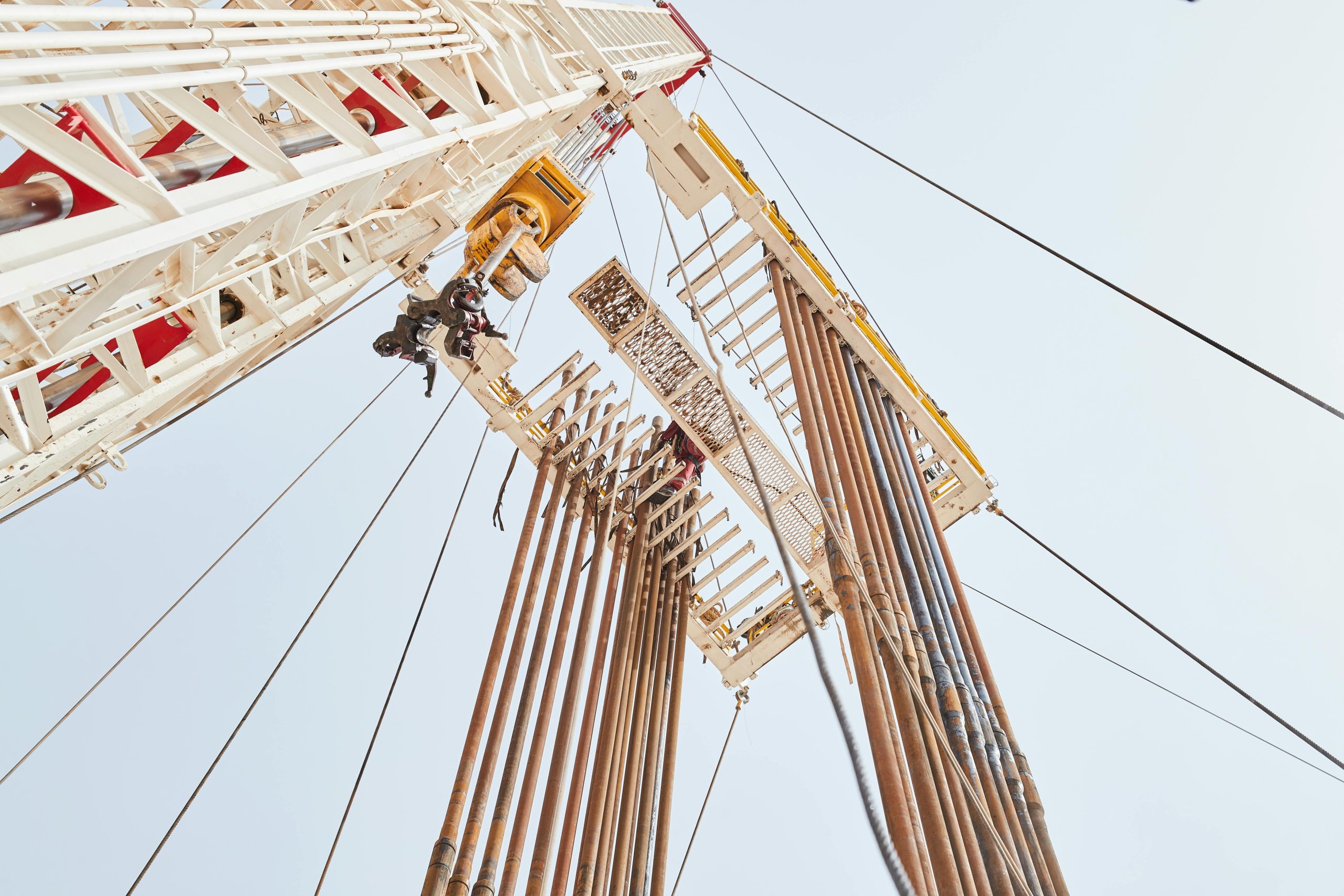 View from underneath a lift in refinery during oil drilling.